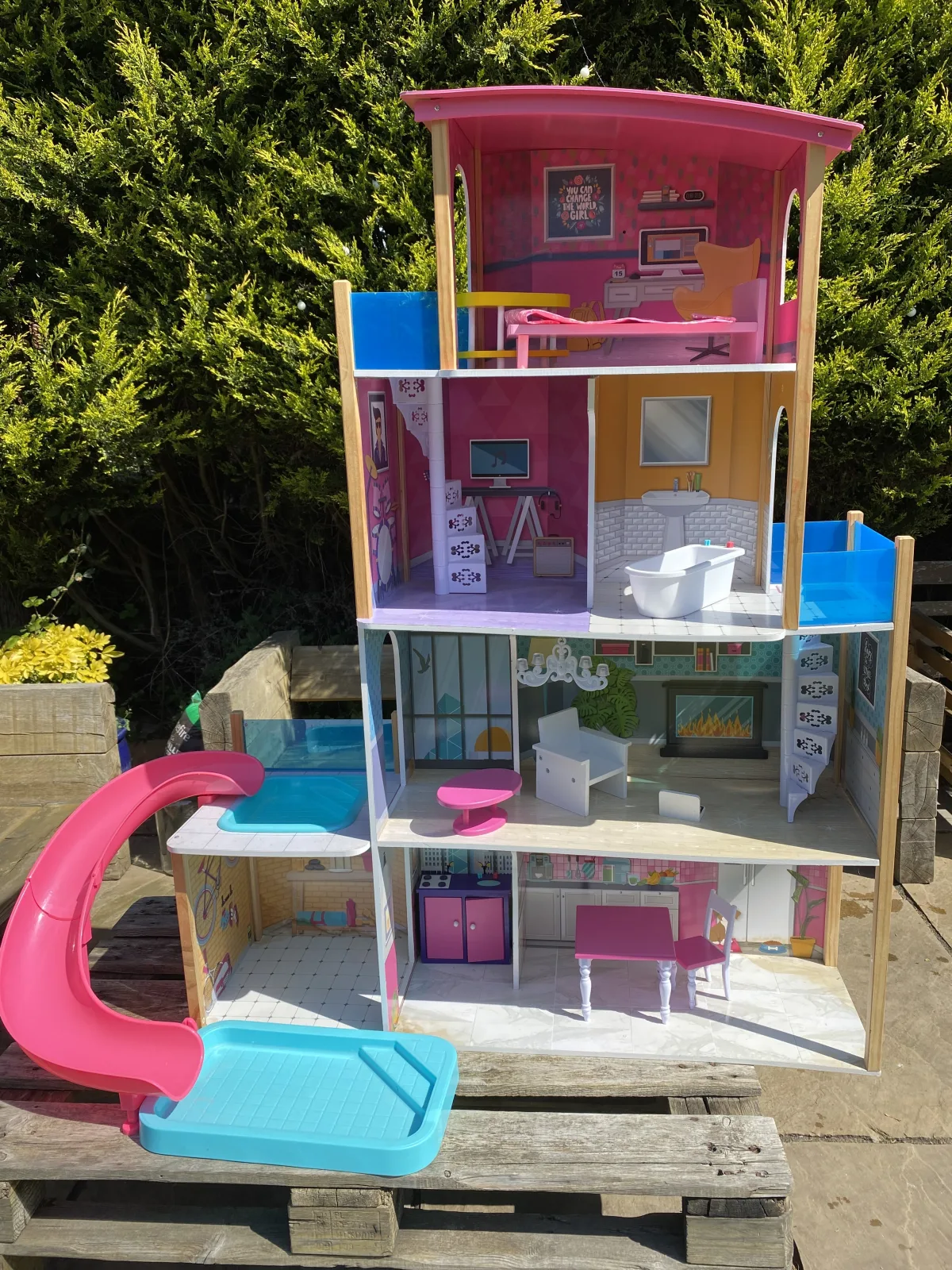 Very nice dolls house, part wood part plastic, 4 years old some signs of wear and tear. Packed down into two boxes ready to collect